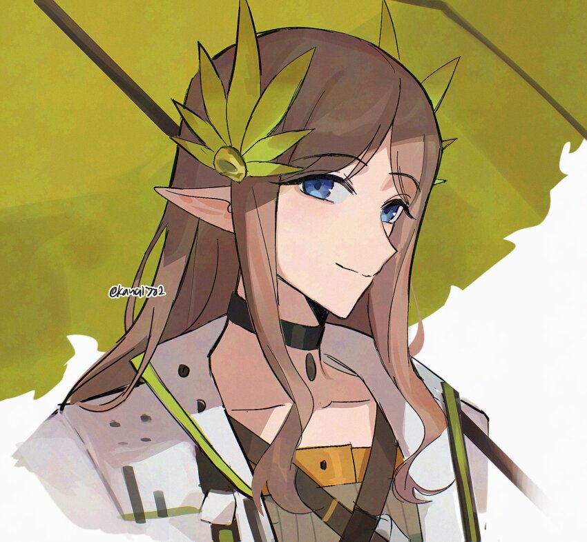 1girl alternate_species arknights bang_dream! bang_dream!_it&#039;s_mygo!!!!! black_choker blue_eyes brown_hair choker closed_mouth collarbone commentary_request cosplay cropped_shoulders green_trim green_umbrella hair_ornament highres jacket kana1782 lapels leaf_hair_ornament light_smile long_hair long_sidelocks looking_at_viewer muelsyse_(arknights) muelsyse_(arknights)_(cosplay) nagasaki_soyo parted_bangs pendant_choker pointy_ears sidelocks simple_background solo strap thai_commentary twitter_username umbrella white_background white_jacket