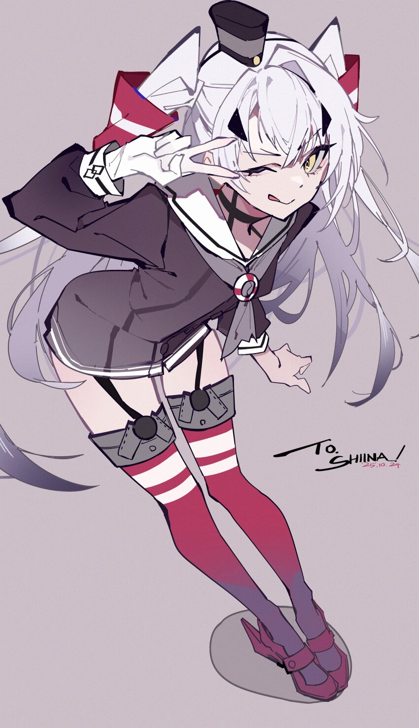 1girl absurdres amatsukaze_(kancolle) amatsukaze_(kancolle)_(cosplay) breasts brown_shirt cosplay fate/grand_order fate_(series) full_body garter_belt gift_art grey_background grey_neckerchief hair_between_eyes highres kantai_collection long_hair melusine_(fate) neckerchief one_eye_closed priest77 red_thighhighs sailor_collar shirt simple_background small_breasts solo thighhighs thighs twintails v v_over_eye white_hair white_sailor_collar yellow_eyes