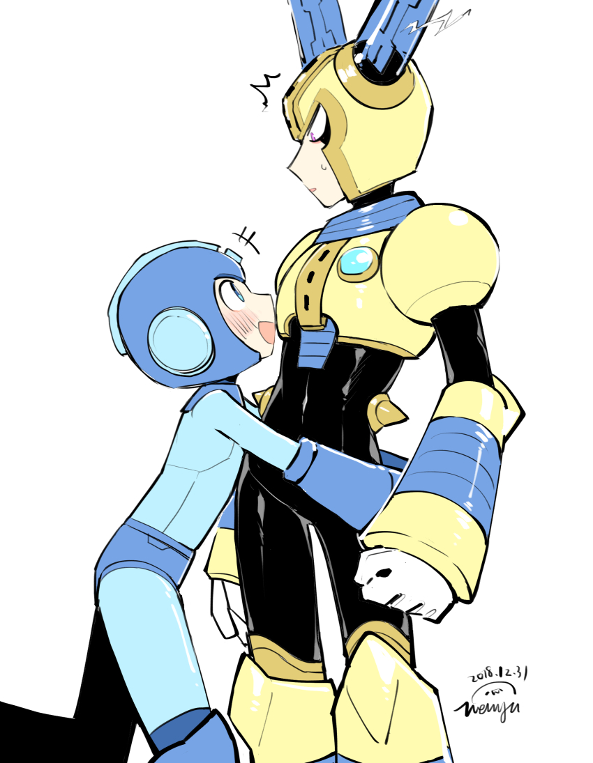 2boys absurdres android armor black_bodysuit blue_armor blue_bodysuit blue_eyes blue_headwear blush bodysuit breastplate clenched_hand commentary_request covered_navel electricity feet_out_of_frame fuse fuse_man gloves happy helmet highres joints looking_at_another looking_down looking_up male_focus mega_man_(character) mega_man_(classic) mega_man_(series) mega_man_11 multiple_boys open_mouth parted_lips purple_eyes robot robot_ears robot_joints shoulder_armor simple_background smile standing sweatdrop vambraces wenyu white_background white_gloves yellow_armor yellow_headwear