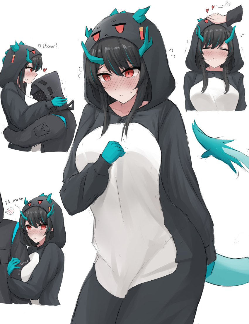 1boy 1girl absurdres arknights arm_between_breasts arm_hug between_breasts black_hair blue_hair blush breasts closed_eyes cosplay dragon_girl dragon_horns dusk_(arknights) embarrassed frown hand_on_own_chest head_on_chest headpat heart highres horns hug kigurumi medium_breasts multicolored_hair multiple_views namikare red_eyes slit_pupils solo_focus streaked_hair surprised two-tone_hair upper_body