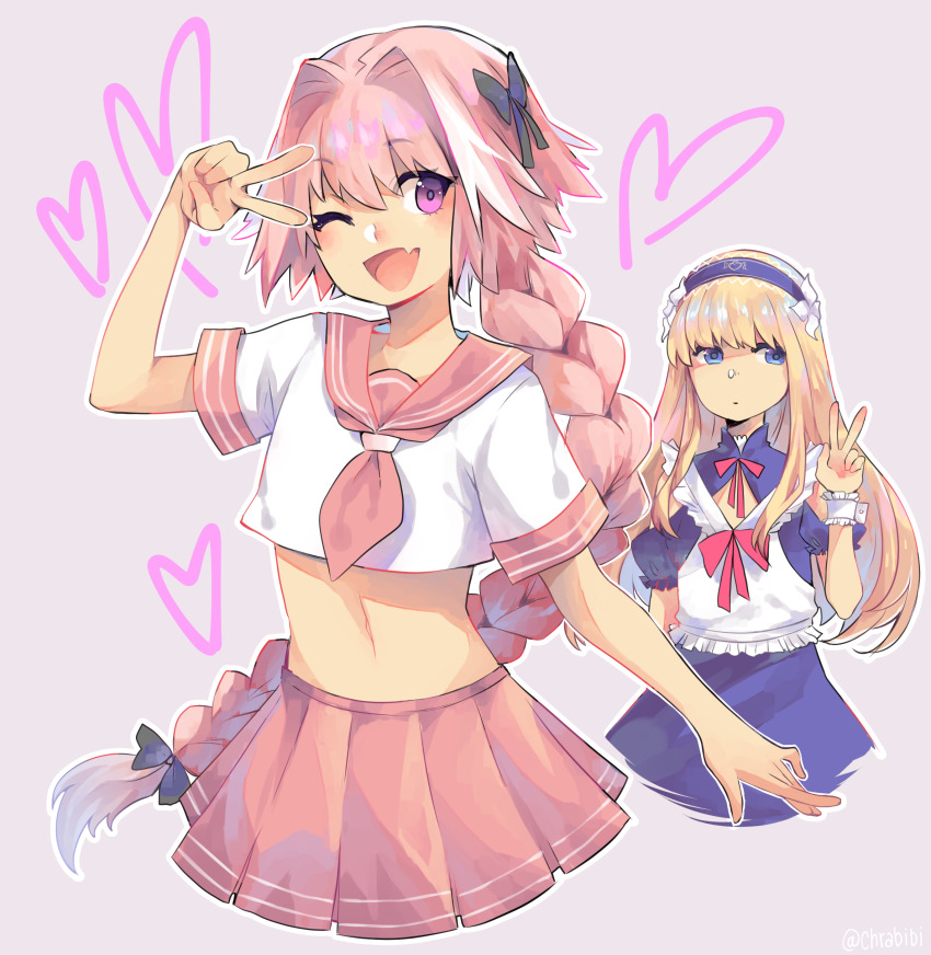 1boy 1other absurdres androgynous astolfo_(fate) astolfo_(sailor_paladin)_(fate) blonde_hair blue_eyes braid chevalier_d&#039;eon_(fate) chevalier_d&#039;eon_(maid_knight)_(fate) chrabi closed_mouth cropped_legs eyelashes fang fate/apocrypha fate/grand_order fate_(series) grey_background hair_intakes heart highres long_braid long_hair looking_to_the_side maid maid_headdress midriff multicolored_hair navel neckerchief one_eye_closed open_mouth pink_hair pink_neckerchief pink_skirt pleated_skirt purple_eyes simple_background single_braid skin_fang skirt smile streaked_hair trap v very_long_hair white_hair white_wrist_cuffs wrist_cuffs