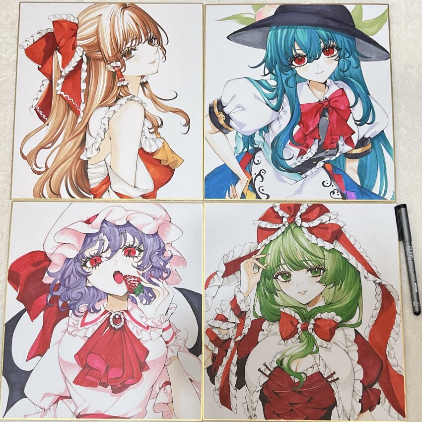 4girls arm_ribbon ascot bat_wings black_hat blue_hair bow breasts brown_hair cleavage detached_sleeves dress food front_ponytail fruit hakurei_reimu hat highres hinanawi_tenshi holding holding_food holding_fruit kagiyama_hina mob_cap multiple_girls neko-san_(dim.dream) nontraditional_miko peach_hat_ornament red_ascot red_bow red_dress red_eyes red_ribbon remilia_scarlet ribbon shikishi smile strawberry touhou traditional_media upper_body wings