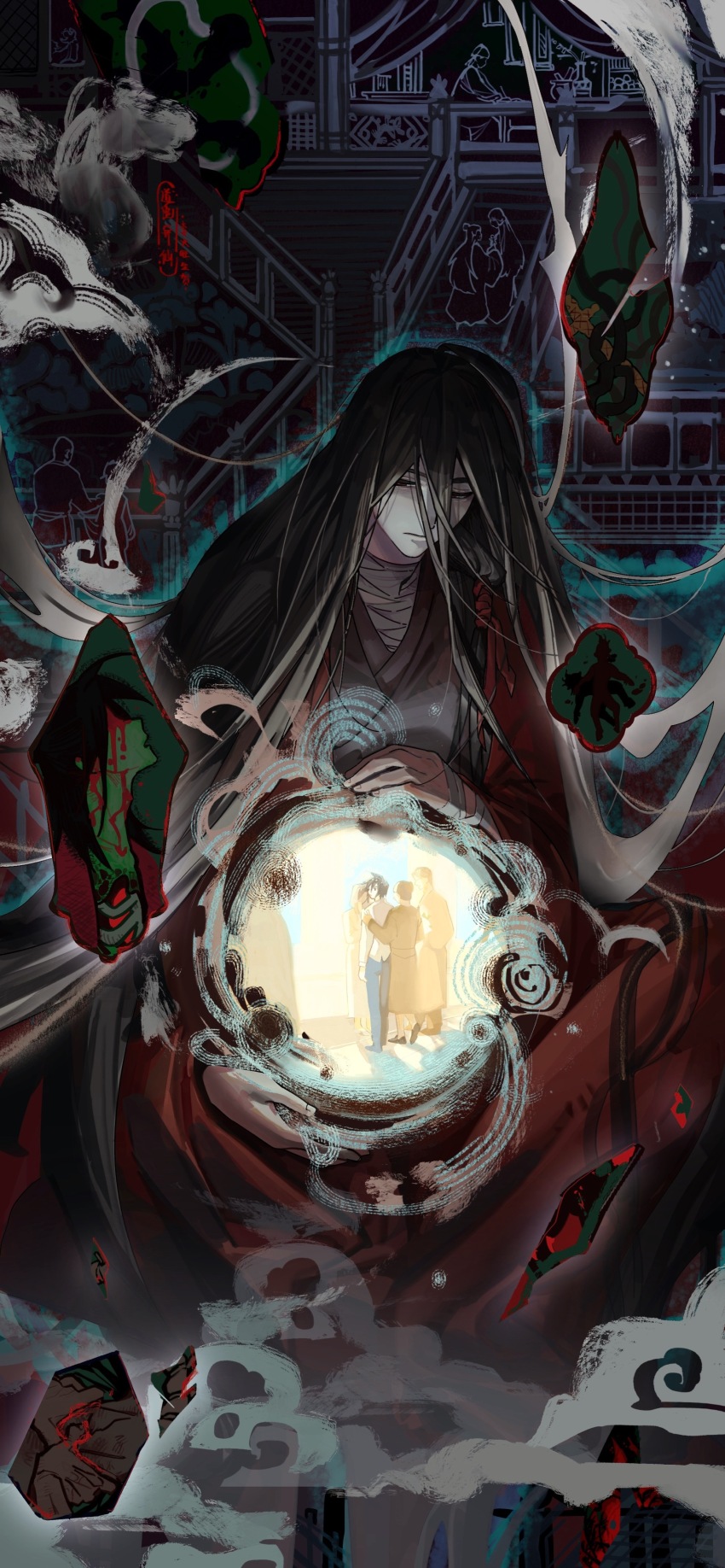 2boys 6+others absurdly_long_hair absurdres alternate_universe architecture bandaged_arm bandaged_chest bandaged_neck bandages black_eyes black_hair black_hanfu blue_pants broken_glass building chinese_clothes chinese_commentary closed_mouth cloud coat dao_gui_yi_xian dual_persona east_asian_architecture floating fog glass glass_shards hair_between_eyes hair_ribbon hanfu highres holding holding_orb ji_zai li_huowang li_huowang_(modern_world) long_hair long_sleeves looking_down low-tied_sidelocks male_focus multiple_boys multiple_others official_alternate_costume official_alternate_hair_length official_alternate_hairstyle orb pants red_coat red_ribbon ribbon robe shirt short_hair sidelocks smoke solo_focus stairs standing very_long_hair white_shirt xiandanhuangbanfan914
