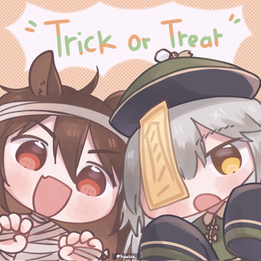 2girls :d ahoge animal_ears arknights brown_hair claw_pose commentary english_commentary english_text fang fartooth_(arknights) grey_hair haaiiro hat highres horse_ears horse_girl jiangshi_costume long_hair long_sleeves multiple_girls mummy_costume ofuda ofuda_on_head one_eye_covered open_mouth portrait qingdai_guanmao red_eyes skin_fang sleeves_past_fingers sleeves_past_wrists smile trick_or_treat v-shaped_eyebrows wild_mane_(arknights) yellow_eyes