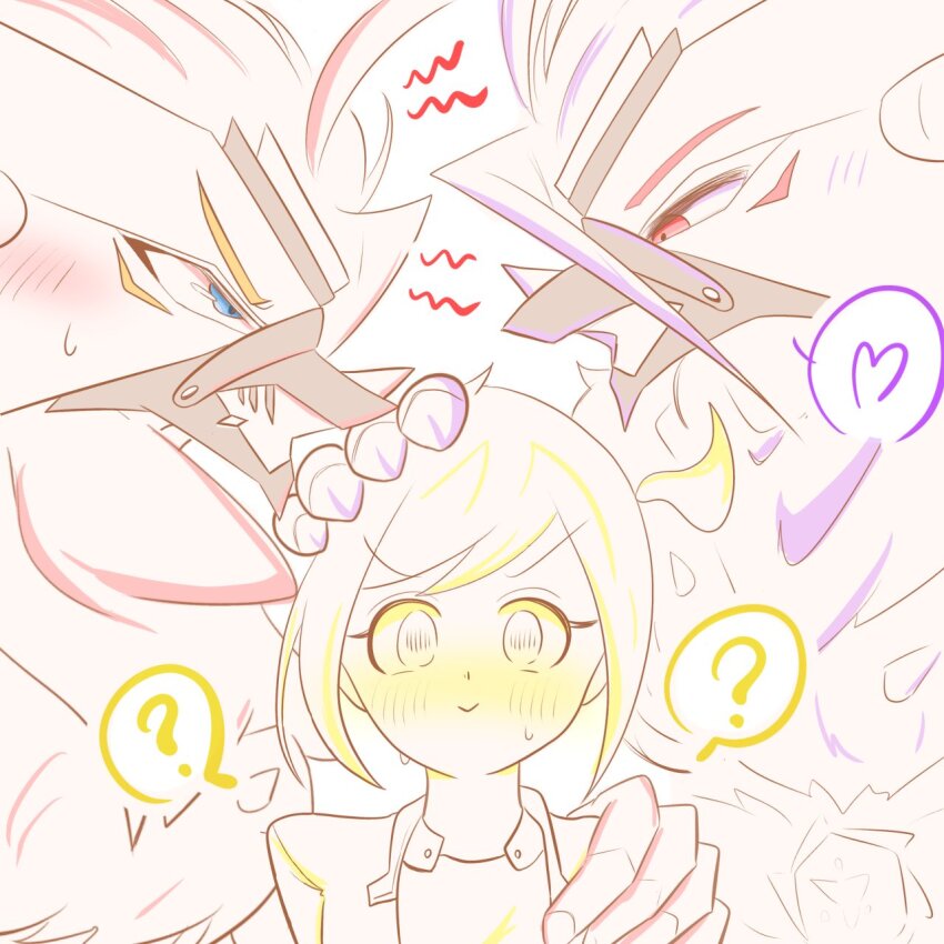 black_hair blonde_hair blush digimon digimon_rearise embarrassed female_protagonist_(digimon_rearise) highres multicolored_hair rasenmon rasenmon_(anniversary_ver.) short_hair