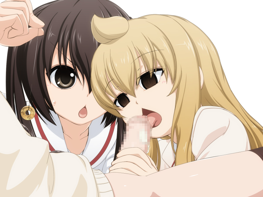 1boy 2girls ahoge bad_id bad_pixiv_id blonde_hair blush brown_eyes brown_hair censored chestnut_mouth empty_eyes fellatio hetero highres hypnosis licking long_hair minami-ke minami_chiaki minami_kana mind_control multiple_girls oral penis petite ringed_eyes school_uniform siblings sisters string sweatdrop takeda_yukimura tongue tongue_out yen