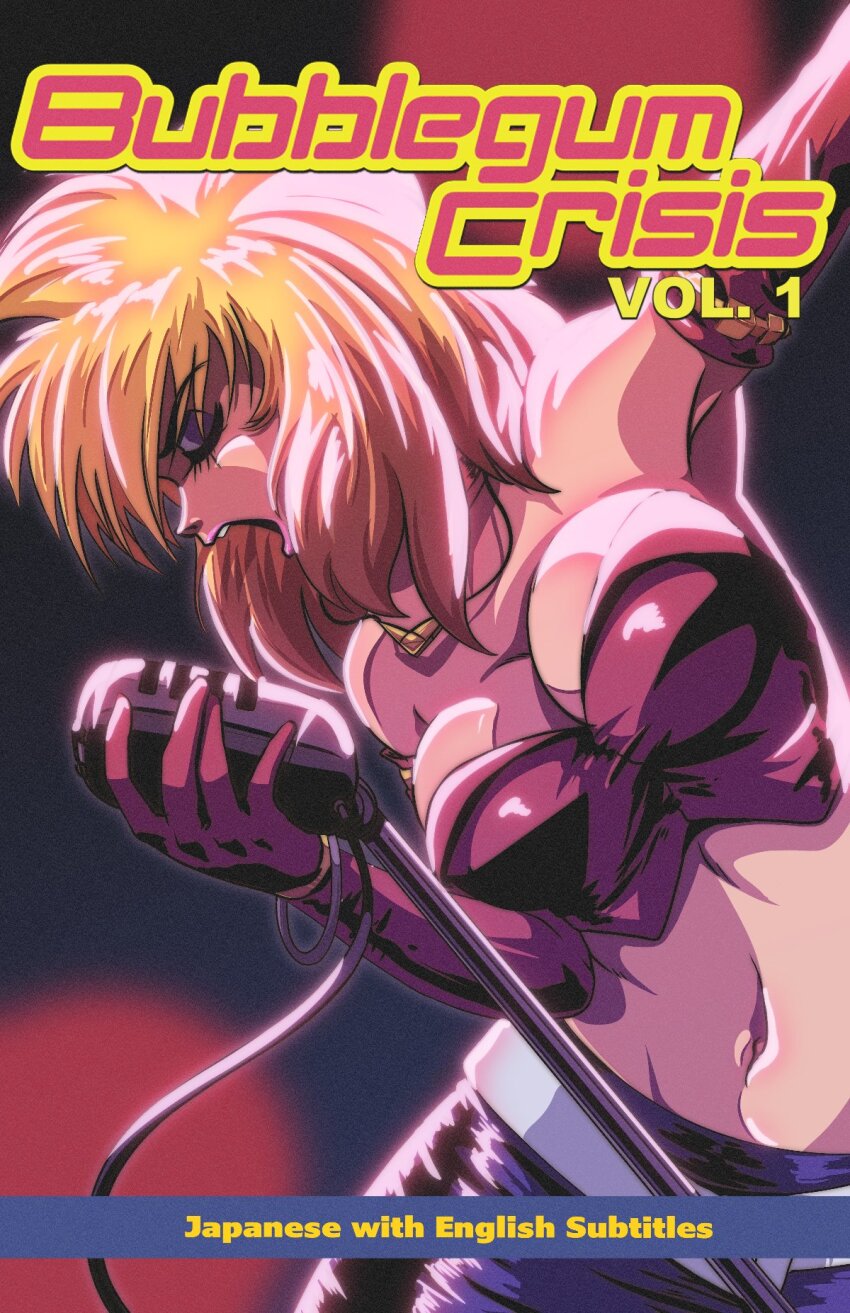 1girl arm_up bandeau bangle black_skirt blonde_hair bracelet breasts bubblegum_crisis bustier closed_eyes commentary copyright_name cover elbow_gloves english_commentary english_text eyeshadow fake_cover gloves highres holding holding_microphone_stand jewelry large_breasts leather leather_gloves leather_skirt makeup microphone microphone_stand midriff multicolored_hair navel necklace open_mouth priscilla_asagiri red_bandeau red_gloves red_hair skirt solo tedbob84 vhs_cover wig wire