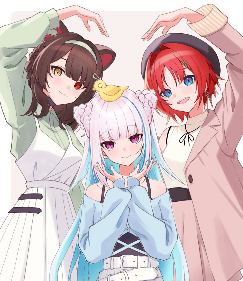 3girls :3 ange_katrina animal animal_ears animal_on_head arm_up bare_shoulders belt beret bird bird_on_head black_belt blue_eyes blue_hair blue_shirt blunt_bangs border braid braided_bun breasts brown_hair closed_mouth collar collared_shirt colored_inner_hair commentary_request dog_ears double_bun dress dress_over_shirt earrings gold_earrings green_hairband green_shirt grey_background grey_collar grey_hat hair_bun hair_intakes hair_ornament hairband hairclip hands_up haruwo hat heart_arms_trio heterochromia highres inui_toko jacket jewelry lapels lize_helesta long_hair long_sleeves looking_at_viewer medium_breasts multicolored_hair multiple_girls nijisanji notched_lapels off-shoulder_shirt off_shoulder official_alternate_costume on_head open_clothes open_jacket open_mouth outside_border pink_jacket pink_skirt pleated_dress red_eyes red_hair sanbaka_(nijisanji) sebastian_piyodore shirt shirt_tucked_in short_hair sidelocks single_earring single_off_shoulder skirt sleeveless sleeveless_shirt small_breasts smile streaked_hair teeth triangle_hair_ornament two-tone_hair upper_teeth_only very_long_hair virtual_youtuber white_belt white_border white_dress white_hair white_shirt yellow_bird yellow_eyes yellow_sleeve_cuffs