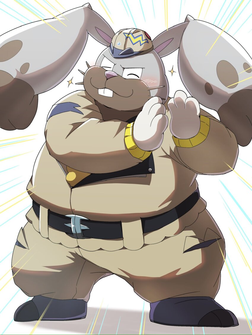 belt black_belt blush clothed_pokemon diggersby emu_426 full_body gen_6_pokemon grey_fur grey_jacket grey_pants hat highres jacket nintendo pants pokemon pokemon_(creature) simple_background solo sparkle standing white_background