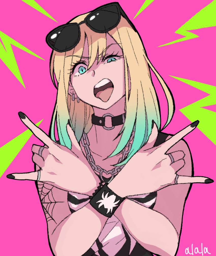 1girl animal_print black_nails black_tank_top blonde_hair blue_eyes chain chain_necklace choker earrings eyewear_on_head gwen_stacy heart heart_necklace highres jewelry lightning_bolt_symbol m/ marvel multiple_earrings multiple_rings necklace o-ring o-ring_choker open_mouth pink_background ring spider-man_(series) spider_print spider_web_tattoo sunglasses sushi_pizza_rrr tank_top tattoo tongue tongue_out uneven_eyes