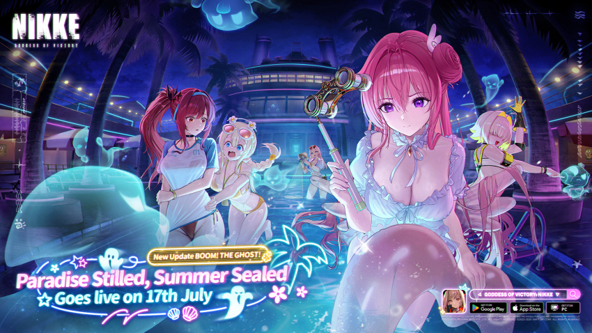 5girls alternate_costume artist_request bikini blonde_hair blue_eyes braid braided_ponytail breasts centi_(nikke) centi_(ocean_repair)_(nikke) closed_mouth commentary cruise_ship dorothy_(nikke) dorothy_(serendipity)_(nikke) dress dress_swimsuit elegg_(boom_and_shock)_(nikke) elegg_(nikke) english_commentary english_text eyewear_on_head frown ghost gloves goddess_of_victory:_nikke hair_intakes heart heart-shaped_eyewear highres holding holding_swim_ring holding_tower_viewer innertube large_breasts lifebuoy long_hair looking_at_another medium_hair multiple_girls night official_alternate_costume open_mouth outdoors palm_tree partially_submerged pink_hair ponytail pool purple_eyes rapi_(nikke) rapi_(red_hood)_(nikke) rapi_(red_hood)_(red_flavor)_(nikke) red_bikini red_eyes red_hair scared second-party_source shirt short_sleeves smile sunglasses swim_ring swimsuit t-shirt tongue tove_(nikke) tove_(sunblaze)_(nikke) tower_viewer tree wet wet_clothes wet_shirt white_bikini white_dress yellow_bikini