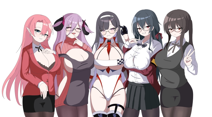 5girls absurdres ahoge apron armband azur_lane bare_shoulders black-framed_eyewear black_apron black_bow black_bowtie black_gloves black_hair black_horns black_skirt black_thighhighs blue_eyes bow bowtie bra breasts button_gap cleavage collared_shirt curled_horns duke_of_york_(azur_lane) duke_of_york_(the_chic_counselor)_(azur_lane) dupleix_(azur_lane) dupleix_(final_check)_(azur_lane) erciyuan_fan_mou friedrich_carl_(a_game_of_love)_(azur_lane) friedrich_carl_(azur_lane) glasses gloves highres horns huge_ahoge huge_breasts jacket large_breasts leotard london_(azur_lane) london_(the_sterling_secretary)_(azur_lane) long_hair long_sleeves looking_at_viewer mature_female miniskirt mole mole_under_eye mole_under_mouth multiple_girls office_lady official_alternate_costume one_side_up pantyhose pink_hair pleated_skirt pointy_ears purple_eyes purple_hair race_queen red_eyes red_jacket red_sweater school_uniform semi-rimless_eyewear shirt skirt sweater sweater_vest taihou_(azur_lane) taihou_(sweet_time_after_school)_(azur_lane) thighhighs underboob underwear v very_long_hair vest white_leotard white_shirt yellow_armband