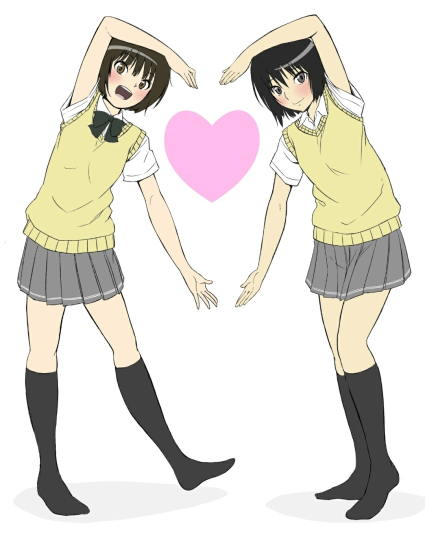 2girls :d amagami arm_up black_bow black_bowtie black_hair black_socks blush bob_cut bow bowtie breasts brown_eyes brown_hair closed_mouth collared_shirt commentary dress_shirt flat_color full_body grey_skirt heart heart_arms heart_arms_duo highres jishaku_(user_rcuz2843) kibito_high_school_uniform kneehighs looking_at_viewer loose_hair_strand messy_hair multiple_girls nanasaki_ai no_neckwear no_shoes open_mouth pleated_skirt school_uniform shadow shirt short_hair simple_background skirt small_breasts smile socks standing summer_uniform sweater_vest tachibana_miya white_background white_shirt yellow_sweater_vest