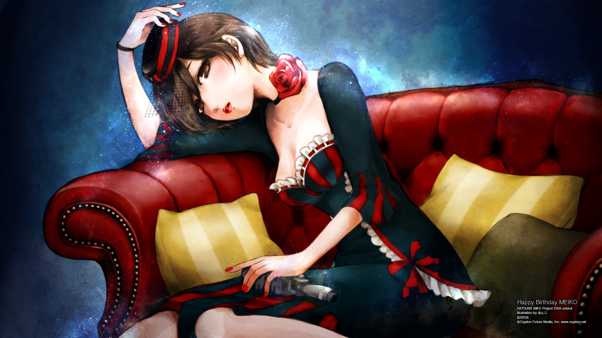 1girl black_dress brown_eyes brown_hair dress flower hat highres looking_at_viewer meiko_(lorelei)_(vocaloid) meiko_(vocaloid) mini_hat mini_top_hat nail_polish project_diva_(series) project_diva_extend red_flower red_rose rose short_hair top_hat vocaloid