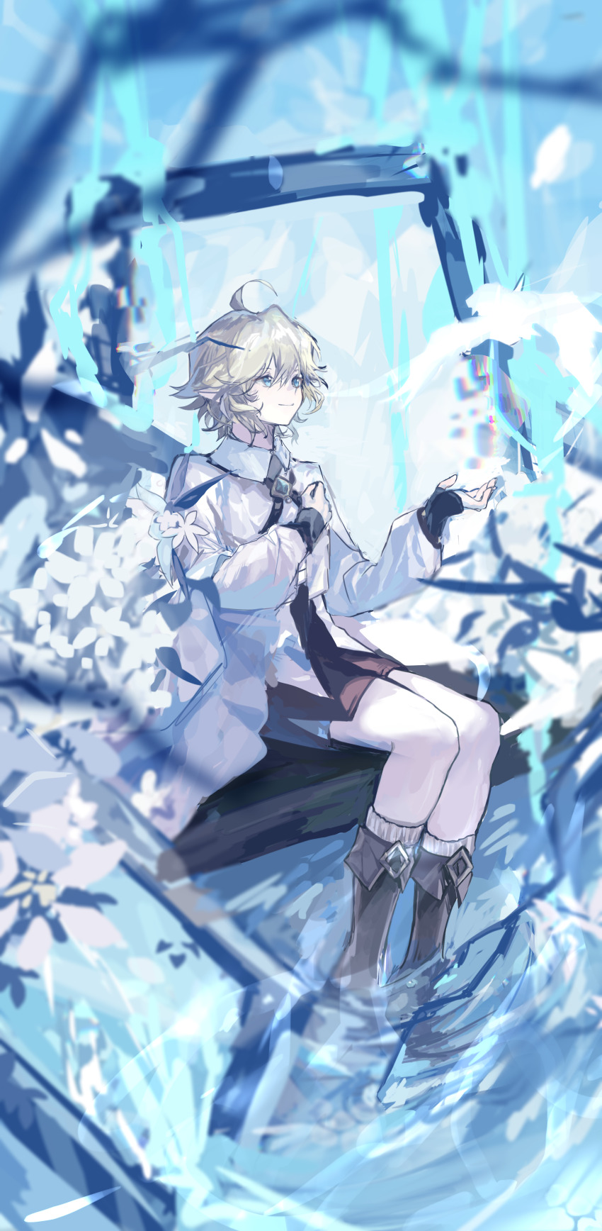 1boy absurdres ahoge alternate_costume aotu_world artist_request black_boots black_shirt black_shorts blonde_hair blue_eyes boots chinese_commentary closed_mouth commission flower full_body gloves hair_between_eyes hand_up highres king_(aotu_world) long_sleeves looking_at_viewer looking_up male_focus open_clothes parted_lips pointy_ears second-party_source shirt short_hair shorts sitting sleeves_past_wrists smile solo water white_flower white_shirt