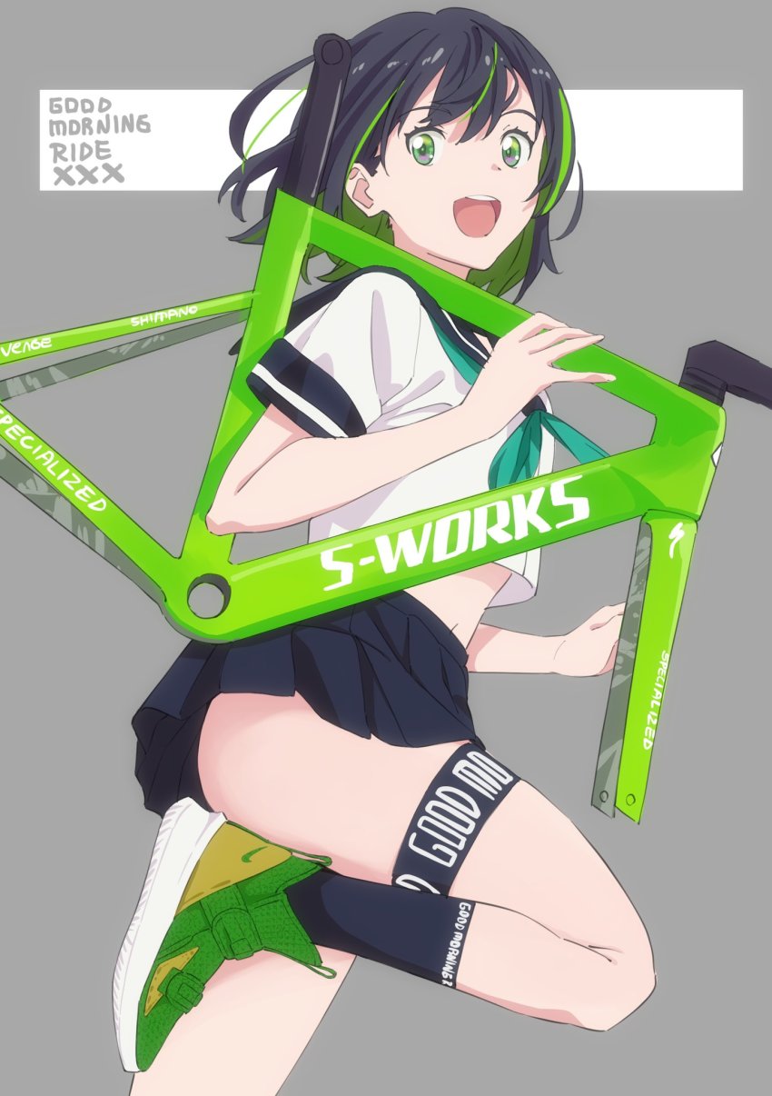 1girl bicycle bicycle_frame black_hair female_focus green_eyes green_hair green_shoes high_tops highres lebron_james looking_at_viewer midriff miniskirt nike_(company) nike_lebron_soldier_13 open_mouth original pleated_skirt running saitou_kengo school_uniform serafuku shoes short_hair short_sleeves skirt sneakers socks solo thigh_strap