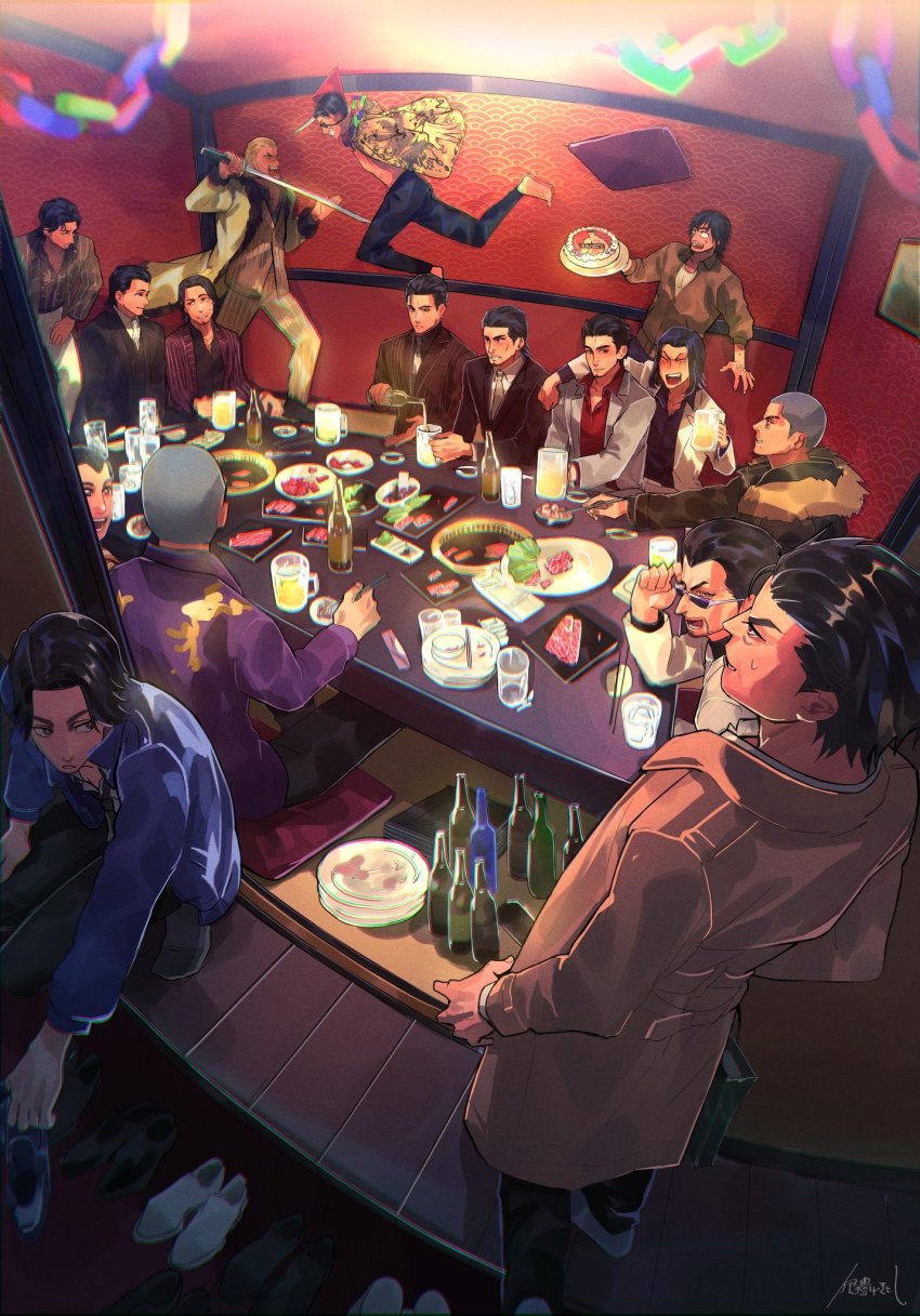 6+boys :d ^_^ akiyama_shun arm_around_shoulder battle beard beer_mug black_hair black_jacket black_pants black_shirt blonde_hair blue_jacket blush bottle brown_coat brown_jacket buzz_cut cake chopsticks closed_eyes closed_mouth coat collared_jacket cup date_makoto dojima_daigo eyepatch facial_hair facing_away fighting_stance food formal_clothes full_body fur_trim goda_ryuji green_jacket grey_jacket hat highres holding holding_plate holding_sword holding_weapon irei_yukitoshi jacket jumping katana kiryu_kazuma lettuce long_sleeves majima_goro male_focus mine_yoshitaka mug multiple_boys nishikiyama_akira oda_jun one_eye_covered open_mouth pants party_hat plate pouring purple_jacket red_jacket red_shirt ryuu_ga_gotoku_(series) ryuu_ga_gotoku_0 ryuu_ga_gotoku_1 ryuu_ga_gotoku_2 ryuu_ga_gotoku_3 ryuu_ga_gotoku_4 ryuu_ga_gotoku_5 saejima_taiga sega shimabukuro_rikiya shinada_tatsuo shirt short_hair smile standing suit sunglasses sword table tachibana_tetsu tanaka_shinji tanimura_masayoshi upper_body very_short_hair watase_masaru weapon white_jacket yakiniku yellow_coat yellow_jacket yellow_suit