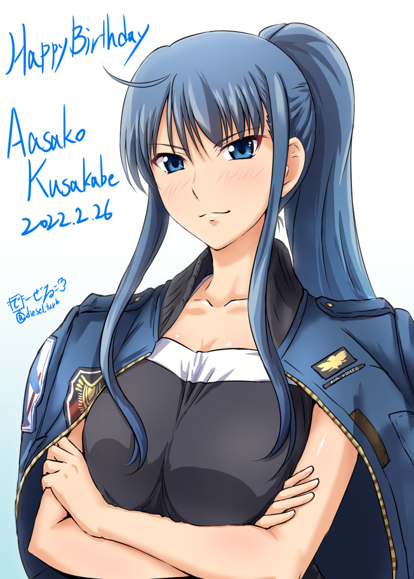 1girl artist_name birthday black_shirt blue_background blue_eyes blue_hair blue_jacket character_name closed_mouth commentary commentary_request crossed_arms dated diesel-turbo english_commentary gradient_background grisaia_(series) grisaia_no_rakuen happy_birthday highres jacket jacket_on_shoulders kusakabe_asako long_hair looking_at_viewer military_jacket partial_commentary ponytail shirt signature sleeveless sleeveless_shirt smile solo twitter_username upper_body white_background
