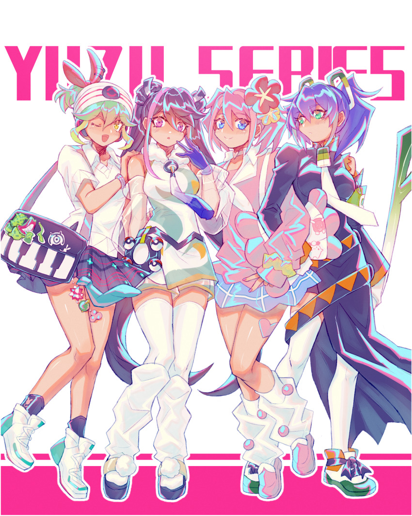 4girls :o ;d absurdres alternate_costume alternate_hairstyle armpit_crease asymmetrical_clothes asymmetrical_dress asymmetrical_sleeves bag bag_charm bare_shoulders black_bag black_dress black_hair black_ribbon black_skirt black_socks blonde_hair blue_eyes blue_gloves blue_hair blue_skirt blush bow bracelet bracelet_girls breasts bull_sprite_(pokemon) character_name charm_(object) choker clefairy clefairy_sprite_(pokemon) collar collarbone colored_bangs crossover detached_sleeves dress english_text flower food food-themed_hair_ornament fur_collar gen_1_pokemon gen_2_pokemon gloves great_ball green_dress green_eyes green_footwear green_hair hair_flower hair_ornament hair_ribbon hand_on_another&#039;s_shoulder headband heart heart_choker heart_sticker highres hiiragi_yuzu holding holding_food holding_spring_onion holding_vegetable jewelry kurosaki_ruri leg_warmers loafers long_hair long_sleeves looking_at_another looking_at_viewer medium_breasts miniskirt multicolored_dress multicolored_hair multiple_girls necktie nintendo one_eye_closed open_mouth piano_print pink_background pink_hair pink_nails pink_shirt pink_shoes plaid_clothes plaid_skirt plant pleated_skirt poke_ball poke_ball_(basic) poke_ball_symbol pokemon pom_pom_(clothes) ponytail purple_hair quadruplets red_flower red_ribbon ribbon rin_(yu-gi-oh!) serena_(yu-gi-oh!) shiny_skin shirt shoes short_hair short_sleeves short_twintails siblings side_slit sisters skirt smile socks spring_onion spring_onion_hair_ornament sticker_on_leg streaked_hair tassel tauros thighhighs twintails two-tone_background two-tone_hair udoshiyo unown unown_m v vegetable very_long_hair waist_poke_ball white_background white_choker white_dress white_flower white_footwear white_leg_warmers white_shirt white_sneakers white_thighhighs yellow_eyes yu-gi-oh! yu-gi-oh!_arc-v