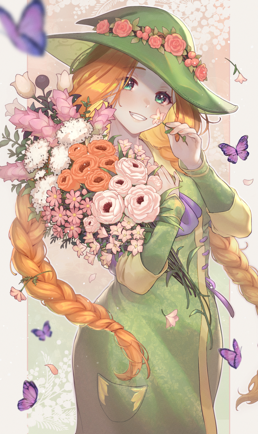 absurdres blush bouquet braid bug butterfly dress flower green_dress green_eyes grin hat hat_flower highres hogwarts_legacy insect long_hair long_sleeves mirabel_garlick n2ewu orange_hair petals pocket purple_ribbon ribbon smile twin_braids very_long_hair witch_hat wizarding_world