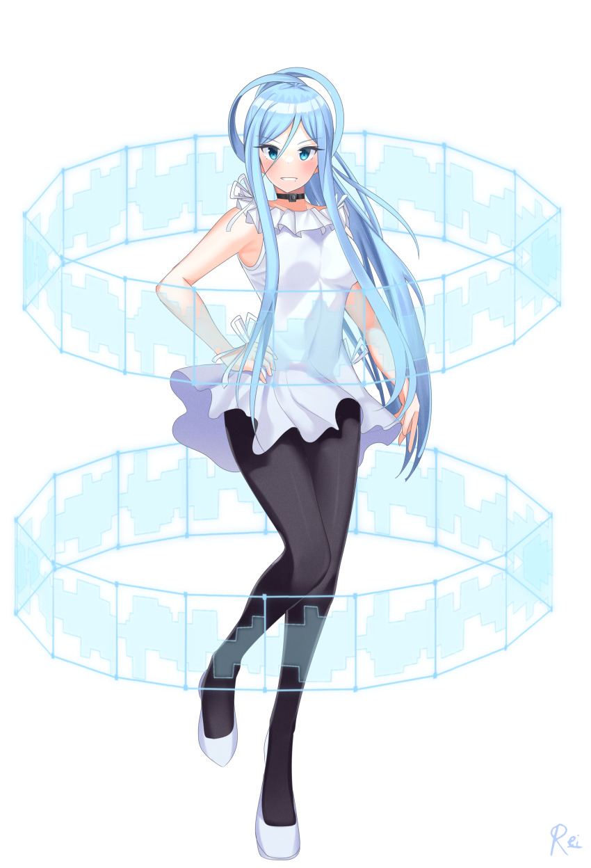 1girl absurdres aoki_hagane_no_arpeggio artist_name bare_shoulders blue_eyes blue_hair blush breasts choker commentary commission dress english_commentary full_body hair_between_eyes hand_on_own_hip high_heels highres jewelry legs long_hair looking_at_viewer medium_breasts pantyhose reiei_8 shoes short_dress sidelocks skirt sleeveless sleeveless_dress smile solo standing takao_(aoki_hagane_no_arpeggio) transparent_background very_long_hair white_dress white_shoes