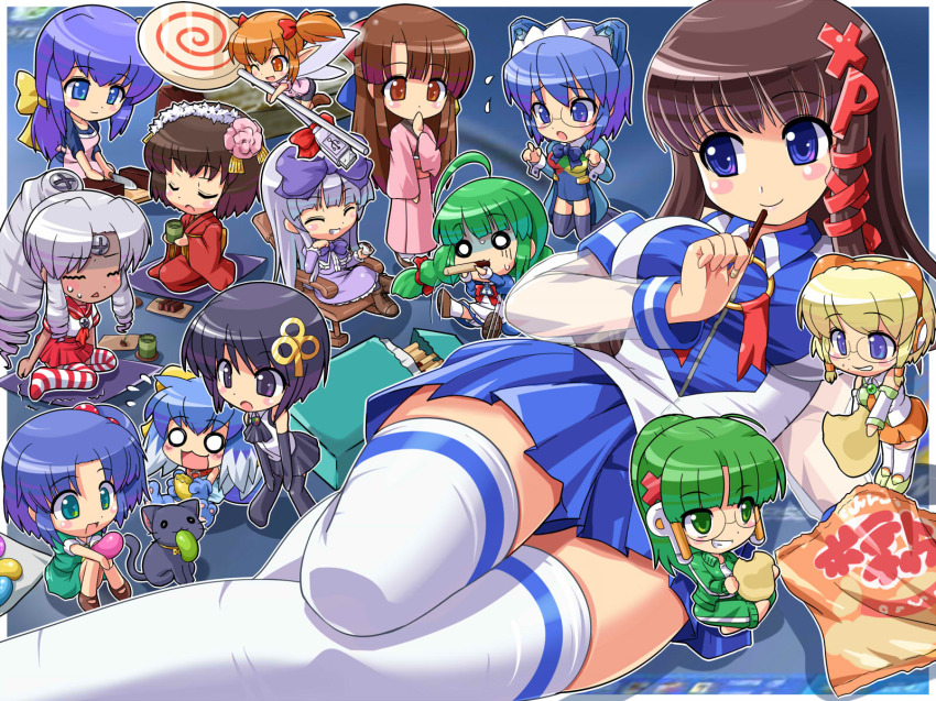 2k-tan 3.1-tan 6+girls 95-tan 98-tan 98se-tan ahoge bad_id bad_pixiv_id black_eyes black_hair blue_eyes blue_hair blush braid brown_eyes brown_hair candy ce-tan chibi drill_hair eating everyone food glasses green_hair highres inu-t jelly_bean konpeto long_hair me-tan multiple_girls nt-tan os-tan pocky screw side_ponytail skirt thighhighs toushi_ryoku vista-tan vistake xp-tan xphome zettai_ryouiki