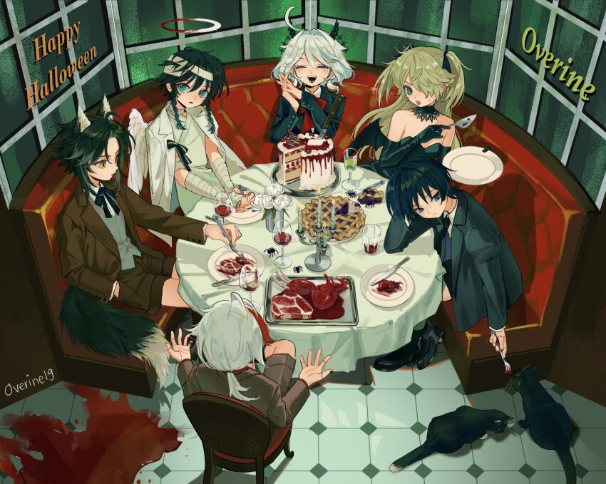 2girls 4boys ahoge alternate_costume angel_wings animal_ear_fluff animal_ears antenna_hair aqua_eyes artist_name bandaged_arm bandaged_head bandaged_neck bandages bare_shoulders black_bow black_cat black_collar black_dress black_gloves black_hair black_horns black_jacket black_lips black_mouth black_nails black_necktie black_ribbon black_shoes black_sleeves black_socks black_suit black_wings blonde_hair blood blood_halo blood_on_ground blunt_ends bow bowtie braid brown_jacket brown_shorts brown_sleeves bug cake candle candlelight candlestand casual cat chair closed_mouth collar collared_shirt contemporary couch curly_ends curtained_hair demon_horns demon_wings detached_collar doll_joints dress dutch_angle elbow_gloves eyelash_ornament facing_another feathered_wings feeding fischl_(genshin_impact) flower food fork formal_clothes furina_(genshin_impact) genshin_impact glass gloves green_eyes grey_vest hair_bow hair_intakes hair_over_one_eye halloween halloween_costume halo hand_in_pocket hands_up happy_halloween heart_(organ) highres holding holding_fork holding_plate horns horror_(theme) hospital_gown indoors interlocked_fingers jacket jacket_on_shoulders joints kaedehara_kazuha knife lace-trimmed_collar lace_trim large_bow layered_sleeves leg_over_thigh liquid_halo long_sleeves looking_at_animal looking_at_viewer looking_to_the_side low_ponytail multicolored_hair multiple_boys multiple_girls neck_ribbon necktie open_hands open_mouth overine19 own_hands_together parted_lips pie pie_slice plant plate ponytail potted_plant purple_eyes raw_meat red_bow red_bowtie red_hair ribbon ribs_(food) round_table scaramouche_(genshin_impact) shirt shoes short_ponytail shorts sitting socks spider spider_lily steak stitched_hand strapless strapless_dress streaked_hair suit suit_jacket sweatdrop table table_knife tablecloth tail tile_floor tiles traditional_halo tray tsurime twin_braids two_side_up undershirt venti_(genshin_impact) vest white_flower white_gown white_hair white_halo white_jacket white_shirt white_sleeves window wings wispy_bangs wolf_boy wolf_ears wolf_tail xiao_(genshin_impact) yellow_eyes