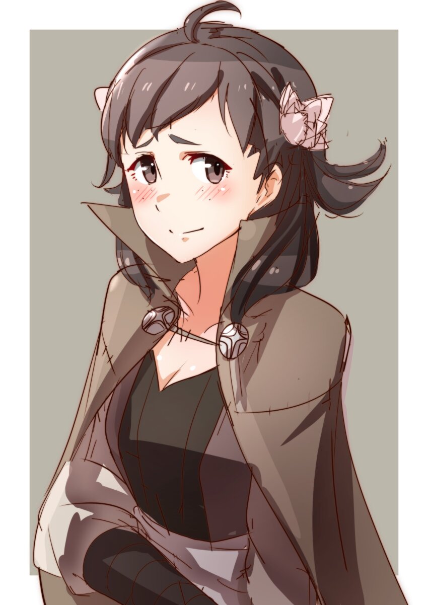 1girl absurdres blush brown_cloak brown_eyes brown_hair cloak closed_mouth fire_emblem fire_emblem_fates flower freckles hair_flower hair_ornament highres looking_at_viewer mozu_(fire_emblem) nintendo solo to_(tototo_tk)