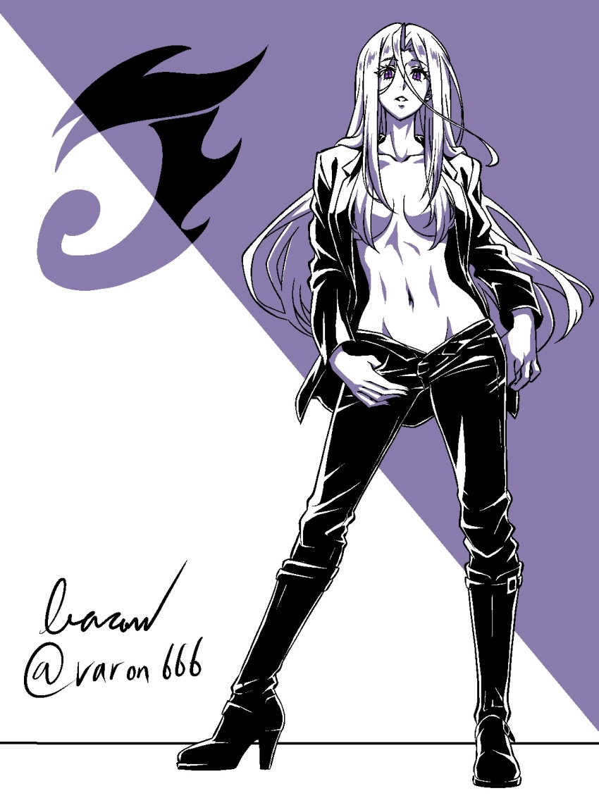 1girl baron_(varon666) breasts fuuto_tantei hair_over_breasts high_heels highres long_hair medium_breasts navel open_clothes purple_eyes tokime_(fuuto_tantei) varon