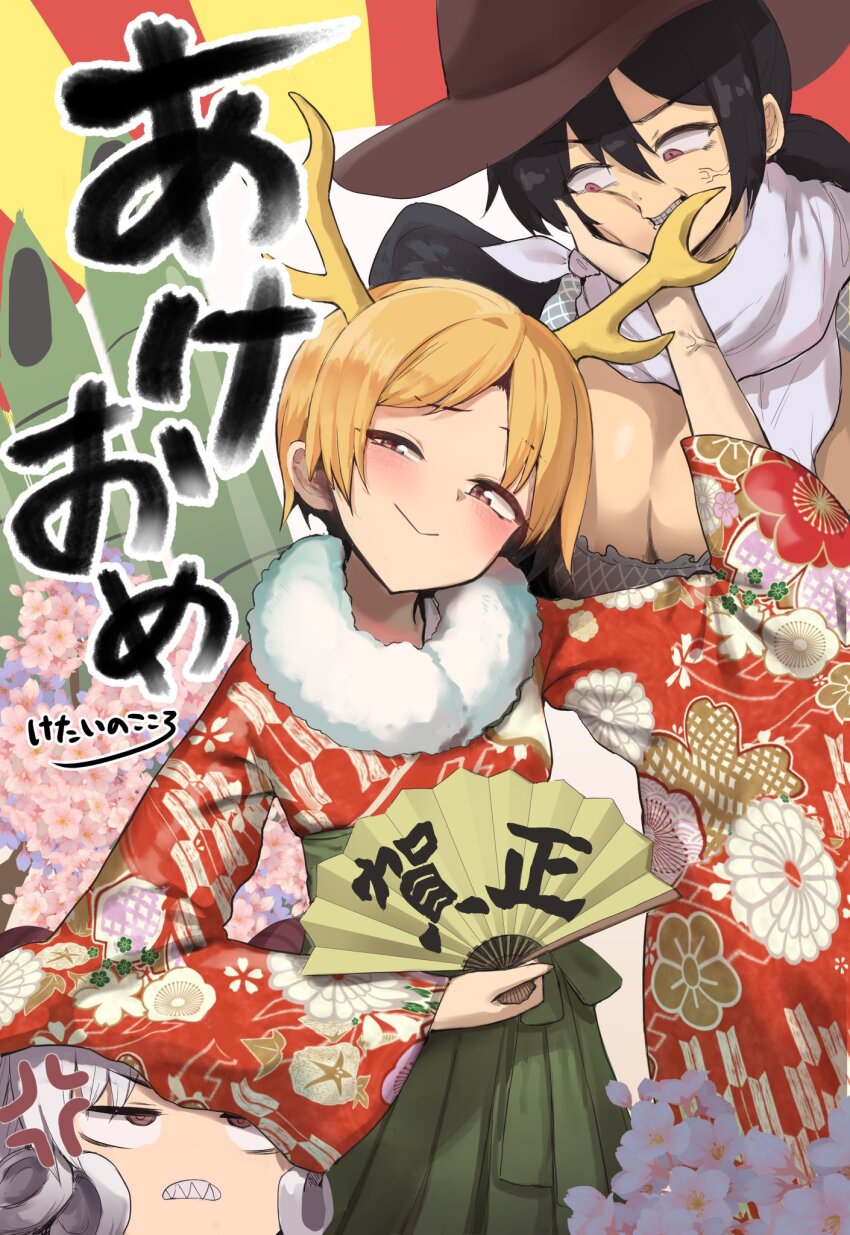 3girls :&gt; alternate_costume anger_vein antlers black_hair blonde_hair brown_eyes brown_headwear chinese_zodiac clenched_teeth closed_mouth commentary_request cowboy_hat cowboy_shot floral_print floral_print_kimono folding_fan gomeifuku green_skirt grey_hair hair_between_eyes hakama hakama_skirt half-closed_eyes hand_fan hat highres holding holding_fan horns japanese_clothes kadomatsu kicchou_yachie kimono kurokoma_saki looking_at_another looking_at_viewer multiple_girls print_kimono pushing_away pushing_face red_eyes sharp_teeth short_hair skirt smile smug teeth touhou toutetsu_yuuma translation_request yagasuri year_of_the_dragon