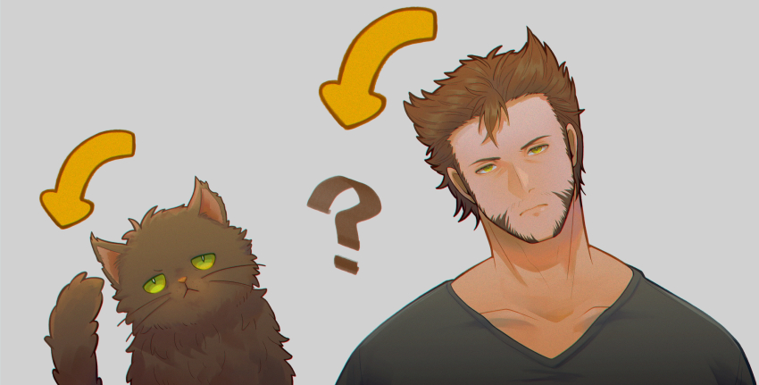 1boy ? animalization animification beard brown_cat brown_hair cat closed_mouth collarbone commentary_request deadpool_&amp;_wolverine deadpool_(series) doghooouse facial_hair green_eyes head_tilt highres looking_at_viewer male_focus marvel marvel_cinematic_universe muscular shirt short_hair whiskers wolverine_(x-men) x-men