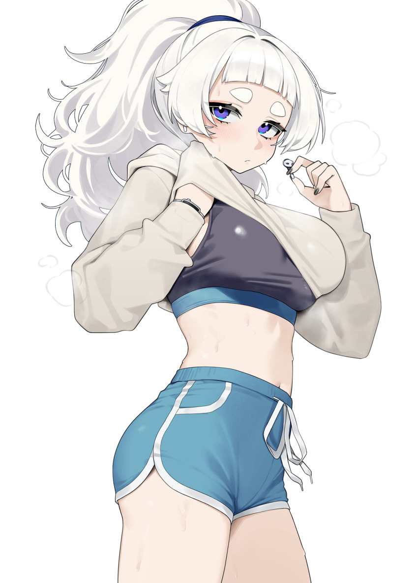 1girl black_sports_bra blue_eyes blue_shorts blunt_bangs breasts closed_mouth clothes_lift commentary cowboy_shot dolphin_shorts earphones grey_hoodie hair_intakes highres hood hood_down hoodie hoodie_lift large_breasts lifting_own_clothes long_hair long_sleeves looking_at_viewer meg_(wakamepiza) navel original ponytail short_bangs short_eyebrows short_shorts shorts simple_background single_earphone_removed solo sports_bra sweat symbol-only_commentary thick_eyebrows thighs wakamepiza watch white_background white_hair wireless_earphones wristwatch