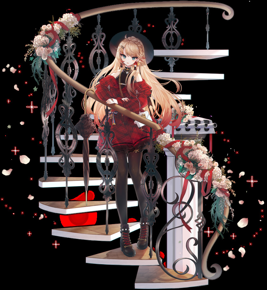 1girl ahoge azur_lane bag bare_shoulders black_boots black_headwear black_pantyhose black_shirt blonde_hair blue_eyes boots braid dress earrings flower french_braid full_body gradient_hair hair_ornament hairclip handbag highres howe_(azur_lane) howe_(noble_rouge)_(azur_lane) jewelry long_hair looking_at_viewer multicolored_hair multicolored_nails nail_polish necklace off-shoulder_dress off_shoulder official_alternate_costume official_art pantyhose parted_lips red_dress ring ship_turret shirt sleeveless sleeveless_shirt sleeveless_turtleneck snow_is solo stairs standing transparent_background turtleneck undershirt white_flower