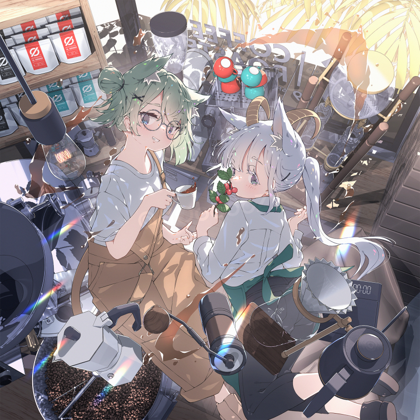 2girls animal_ears apron beaker berry black_footwear black_pants blue_eyes brown_footwear brown_overalls cafe capri_pants choppy_bangs coffee coffee_bag coffee_beans coffee_grinder coffee_mug coffee_roasting_machine collared_shirt cup drip_coffee eating espresso_machine extra_ears floating floating_object food from_above from_behind fruit goat_horns green_apron green_hair grey_eyes hair_bun highres hoji_(hooooooooji1029) holding holding_cup holding_food holding_fruit horns indoors kettle light_blush light_bulb long_hair looking_at_viewer mug multiple_girls object_floating_above_hand original overalls pants percolator ponytail round_eyewear shirt short_hair sidelocks sign smile storefront t-shirt weighing_scale white_shirt