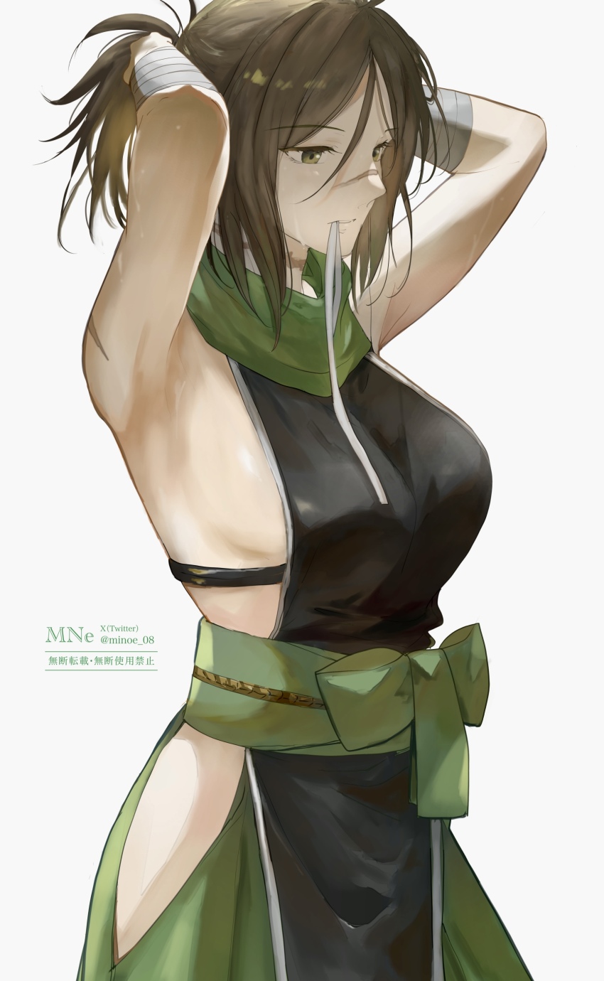 1girl absurdres ahoge armpits bandaged_arm bandages black_dress breasts brown_eyes brown_hair dress fate/grand_order fate_(series) green_scarf hair_between_eyes hakama hakama_pants highres hip_vent japanese_clothes minoe08 obi pants parted_bangs ponytail sash scar scar_on_arm scar_on_face scar_on_neck scar_on_nose scarf short_hair sideboob sideless_dress sideless_outfit sleeveless sleeveless_dress solo sugitani_zenjubou_(fate) sweatdrop twitter_username white_background