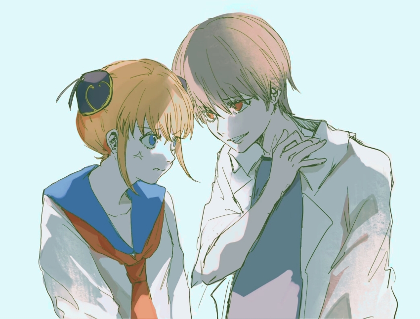1boy 1girl anger_vein blue_background blue_eyes blue_sailor_collar brown_hair bun_cover chinese_commentary closed_mouth commentary_request gintama grey_shirt grin highres jacket kagura_(gintama) long_sleeves neckerchief okita_sougo open_clothes open_jacket orange_hair red_eyes red_neckerchief sailor_collar shirt short_hair simple_background smile tuitangguxuanshou upper_body white_jacket white_shirt
