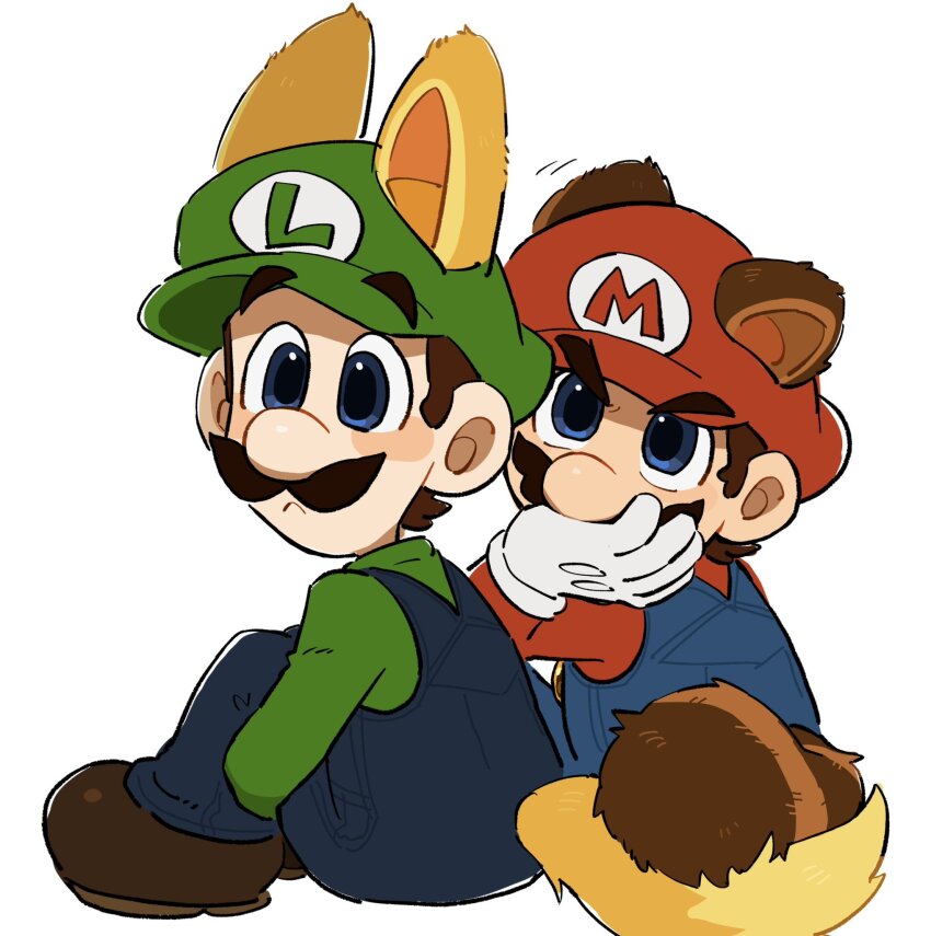 2boys animal_ears blue_overalls brown_hair closed_eyes facial_hair fox_ears fox_tail from_side full_body gloves green_shirt hat highres kitsune_luigi luigi mario mario_(series) mimimi_(mimimim9999) multiple_boys mustache new_super_mario_bros._2 nintendo overalls raccoon_mario red_hat shirt short_hair super_mario_bros._3 tail white_gloves