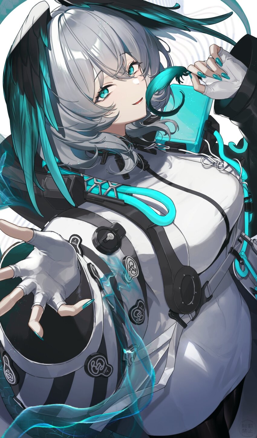1girl aqua_eyes aqua_nails arknights black_coat black_pantyhose breasts coat cowboy_shot dress fang feathered_wings feathers fingerless_gloves geta_(epicure_no12) gloves grey_hair hair_between_eyes hand_up head_wings highres ho&#039;olheyak_(arknights) holding holding_feather infection_monitor_(arknights) long_sleeves looking_at_viewer medium_hair multicolored_coat open_clothes open_coat pantyhose parted_lips pencil_dress reaching reaching_towards_viewer skin_fang smile snake_tail solo tail two-tone_coat white_coat white_dress white_gloves wings