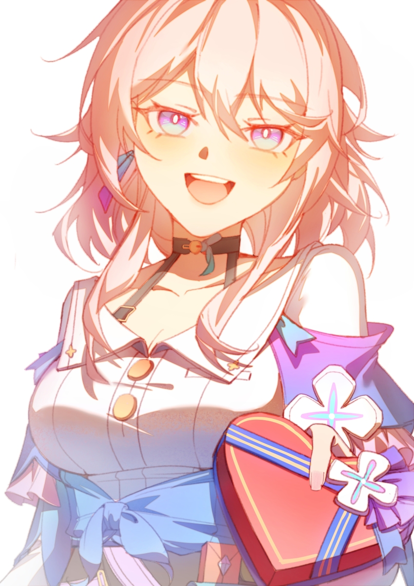 1girl absurdres black_choker blue_eyes blue_jacket box bra_strap breasts bright_pupils buttons chinese_commentary choker collarbone commentary earrings flower_ornament gift gradient_clothes gradient_jacket heart-shaped_box highres holding holding_gift honkai:_star_rail honkai_(series) jacket jewelry long_sleeves looking_at_viewer march_7th_(honkai:_star_rail) march_7th_(preservation)_(honkai:_star_rail) medium_breasts medium_hair multicolored_eyes off-shoulder_jacket off_shoulder open_mouth pink_eyes pink_hair pink_jacket shirt simple_background single_earring slowfrost smile solo teeth tied_jacket two-tone_eyes underbust upper_body upper_teeth_only white_background white_pupils white_shirt