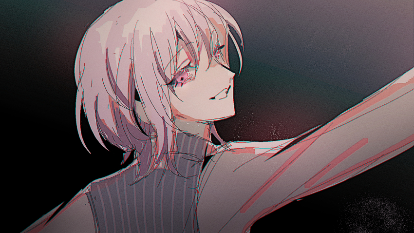 1girl arm_up bang_dream! bang_dream!_it&#039;s_mygo!!!!! caren_hortensia caren_hortensia_(amor_caren) chromatic_aberration commentary from_behind highres looking_at_viewer maybecrosswise open_mouth pink_eyes purple_hair short_hair solo upper_body
