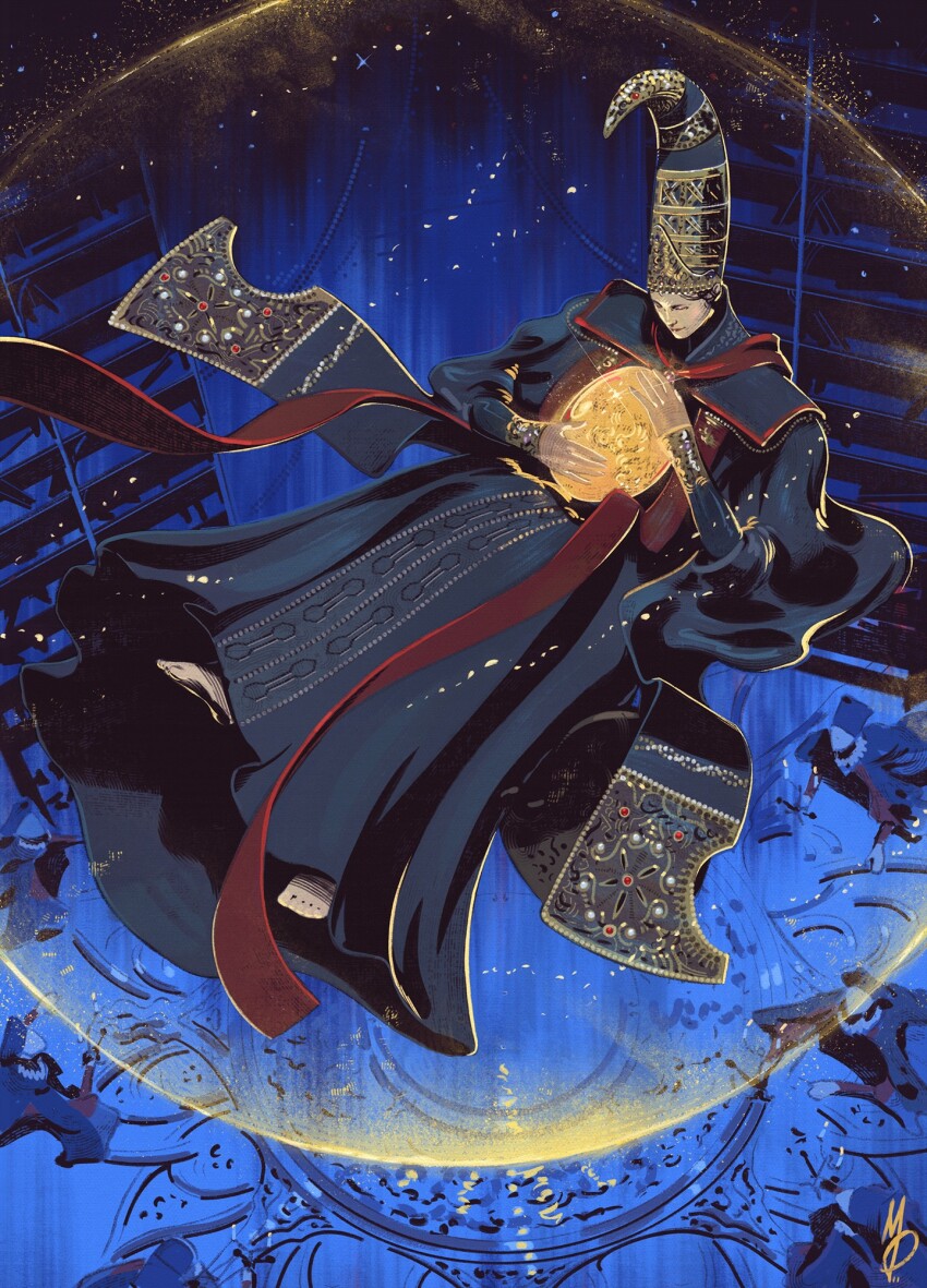6+girls amber_(gemstone) barefoot blue_robe bookshelf cape closed_eyes conical_hat crown egg elden_ring energy_barrier floating gem glowing glowing_gem hat highres holding holding_egg jeweled_hat large_hat library long_sleeves max58art multiple_girls ornate_clothes pointy_hat puffy_sleeves red_sash rennala&#039;s_student rennala_queen_of_the_full_moon robe sash signature solo_focus tall_female tall_hat wizard_hat