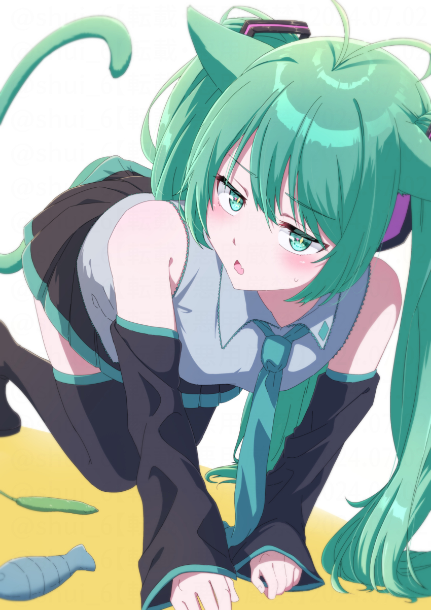 1girl :o all_fours animal_ears aqua_necktie black_skirt black_sleeves black_thighhighs cat_ears cat_tail collared_shirt commentary dated_commentary detached_sleeves fang green_eyes green_hair grey_shirt hatsune_miku highres long_hair necktie open_mouth shirt shui_6 simple_background skin_fang skirt solo tail thighhighs tongue twintails very_long_hair vocaloid white_background