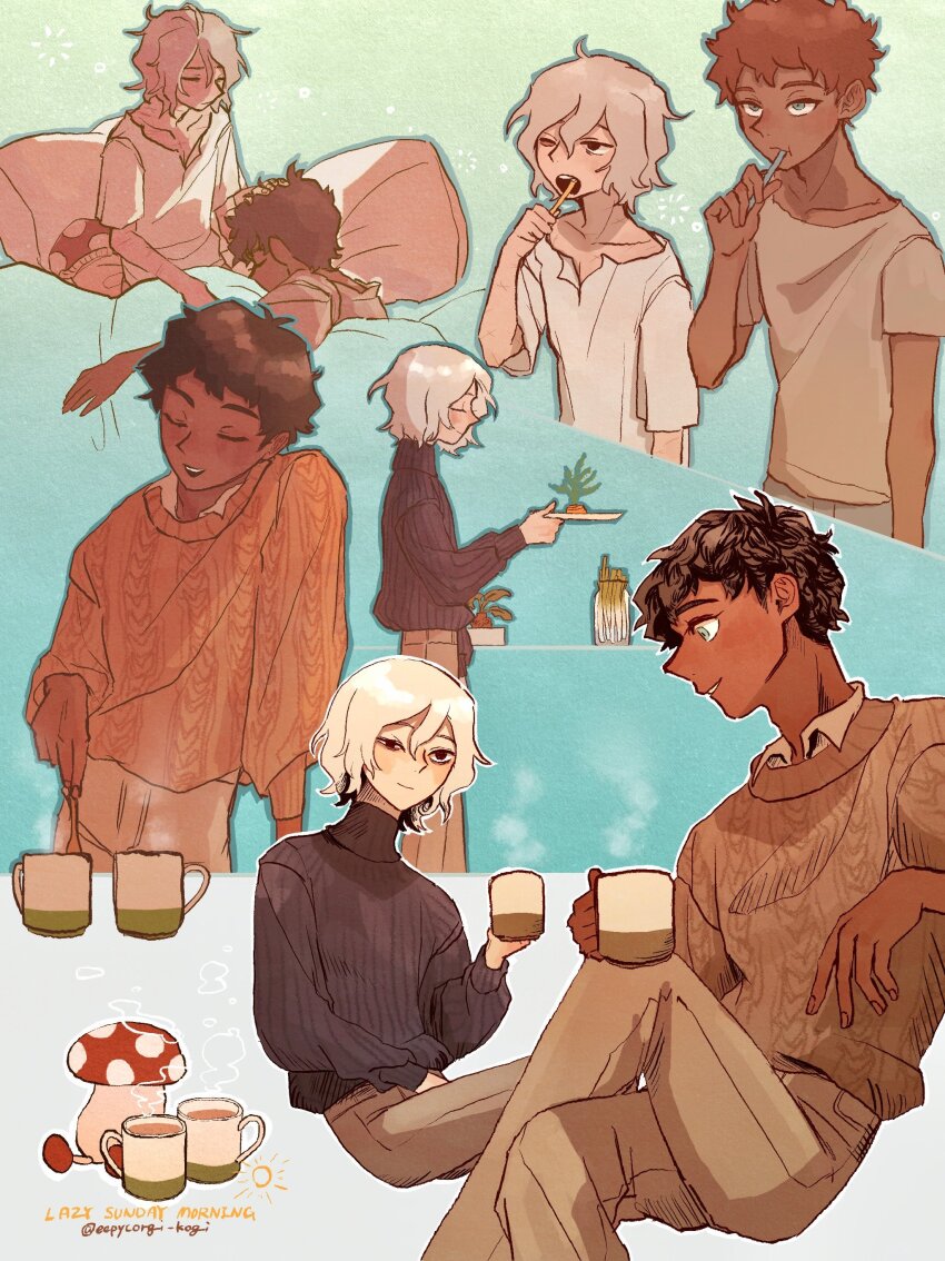 2boys absurdres ahoge artist_name black_eyes black_hair black_sweater blue_eyes brown_pants brown_sweater brushing_teeth closed_eyes closed_mouth coffee_mug collarbone collared_shirt commentary crossed_legs cup dark-skinned_male dark_skin dungeon_meshi english_commentary from_side grey_hair grey_shirt hair_between_eyes highres kabru long_sleeves looking_at_another male_focus messy_hair mithrun mug multiple_boys one_eye_closed open_mouth pachix2_corgi pants shirt short_hair short_sleeves sitting stirring sweater teeth turtleneck turtleneck_sweater under_covers upper_teeth_only white_shirt yaoi