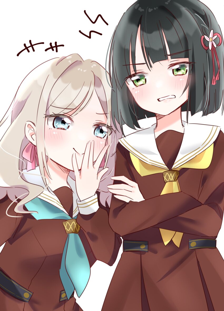 +++ 2girls absurdres aqua_neckerchief black_hair blue_eyes blunt_bangs blunt_ends bob_cut brown_dress ceras_yanagida_lilienfeld clenched_teeth closed_mouth commentary cowboy_shot crossed_arms dress flower flower_knot green_eyes grey_hair hair_flower hair_ornament hair_ribbon hasu_no_sora_school_uniform highres link!_like!_love_live! long_sleeves looking_at_another love_live! momose_ginko multiple_girls neckerchief pink_ribbon ribbon ririn_(ririn_501) sailor_collar sailor_dress school_uniform short_hair shout_lines simple_background smile standing teeth virtual_youtuber white_background white_flower white_sailor_collar winter_uniform yellow_neckerchief