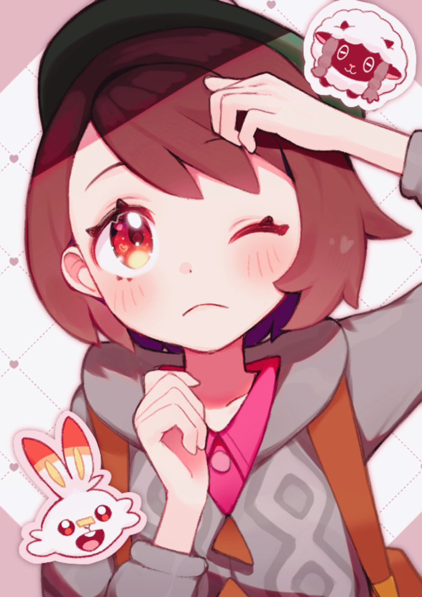 1girl blush brown_bag brown_hair cable_knit cardigan gen_8_pokemon gloria_(pokemon) green_hat grey_cardigan hand_on_own_head hat heart heart_in_eye highres hood hooded_cardigan nintendo pokemon pokemon_(creature) pokemon_swsh scorbunny short_hair symbol_in_eye tam_o&#039;_shanter upper_body wooloo yama_(toaru_puyopuyo)