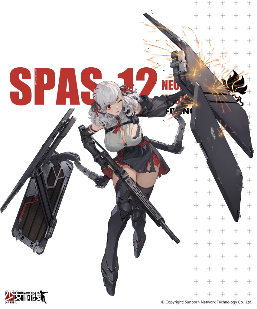 1girl absurdres arm_armor black_ribbon black_skirt black_thighhighs breasts bullet_hole character_name chinese_commentary cleavage collared_shirt copyright_name english_text full_body girls&#039;_frontline grey_hair grey_shirt gun hair_ribbon highres holding holding_gun holding_weapon leg_armor logo medium_hair neck_ribbon official_alternate_costume one_eye_closed open_mouth pleated_skirt red_eyes red_ribbon red_skirt ribbon scope shield_module shirt skirt solo sparks spas-12_(girls&#039;_frontline) spas-12_(mod3)_(girls&#039;_frontline) terras thighhighs torn_clothes two-tone_ribbon weapon weapon_name