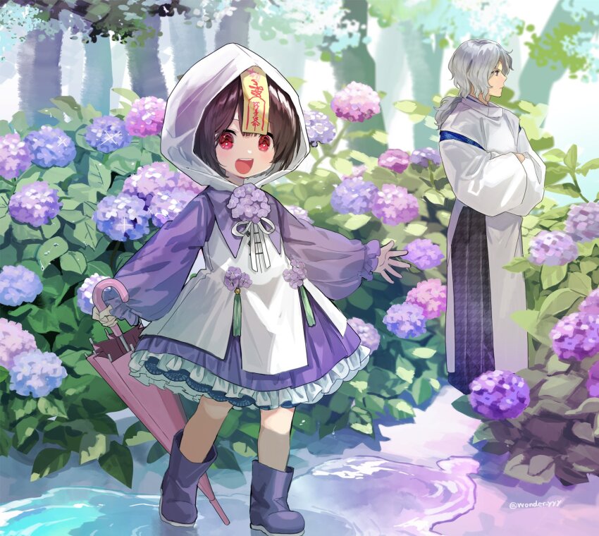 1boy 1girl :d artist_name black_hair blue_hanfu boots child chinese_clothes closed_mouth closed_umbrella commentary crossed_arms detached_sleeves dress dress_flower flower frilled_dress frills full_body grey_hair hanfu highres holding holding_umbrella hood hood_up hooded_dress hydrangea jiangshi kuroda_(kuro_yyy) lace lace-trimmed_dress lace_trim layered_sleeves long_hair low_ponytail ofuda ofuda_on_head open_mouth original outdoors pink_flower plant ponytail puddle puffy_sleeves purple_boots purple_dress purple_flower red_eyes rei_(kuroda_(kuro_yyy)) robe rubber_boots short_hair side_slit smile standing tassel teeth tree twitter_username umbrella upper_teeth_only water white_robe white_sleeves wide_sleeves