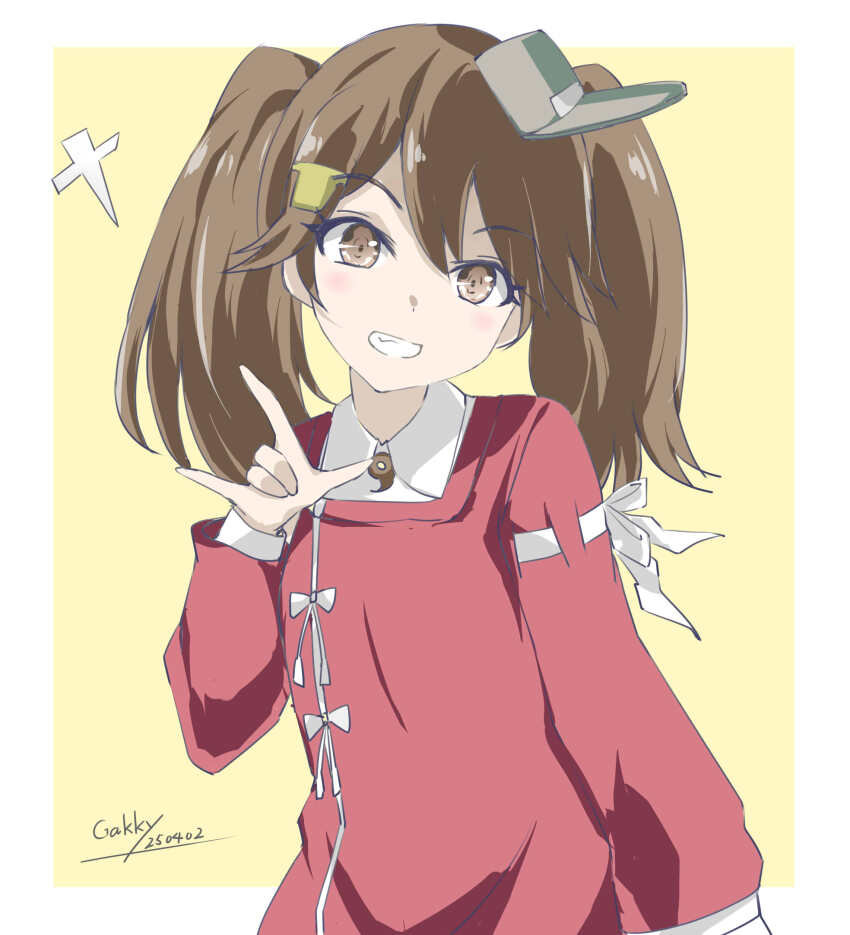 1girl \m/ artist_name brown_eyes brown_hair collared_shirt commentary_request dress_shirt gakky grin highres japanese_clothes kantai_collection kariginu long_hair magatama one-hour_drawing_challenge ryuujou_(kancolle) shikigami shirt smile solo twintails upper_body visor_cap white_shirt yellow_background