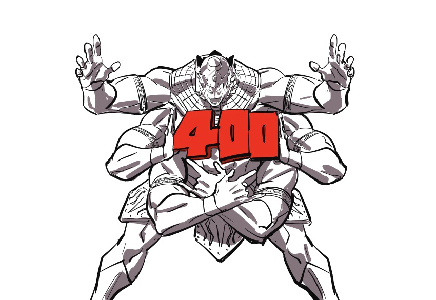 1boy absurdres ashuraman extra_arms highres holding kinnikuman looking_at_viewer male_focus multiple_faces muscular muscular_male open_mouth outstretched_arms shaka_sign simple_background sushio white_background