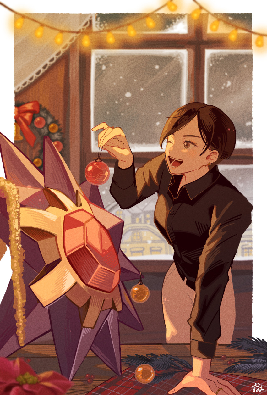 1girl ;d arm_support border brown_eyes brown_hair christmas collared_shirt commentary_request eyelashes gen_1_pokemon glass highres indoors long_sleeves night nintendo omyo_(myomyomyo22) one_eye_closed open_mouth original pants pokemon pokemon_(creature) shirt short_hair signature smile snowing starmie teeth tinsel tongue white_border white_pants window wreath